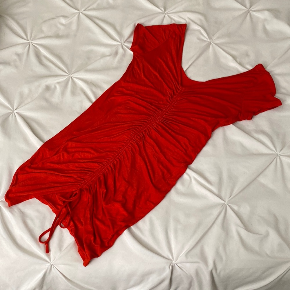 V NECK RED ADJUSTABLE TIE FRONT DRESS